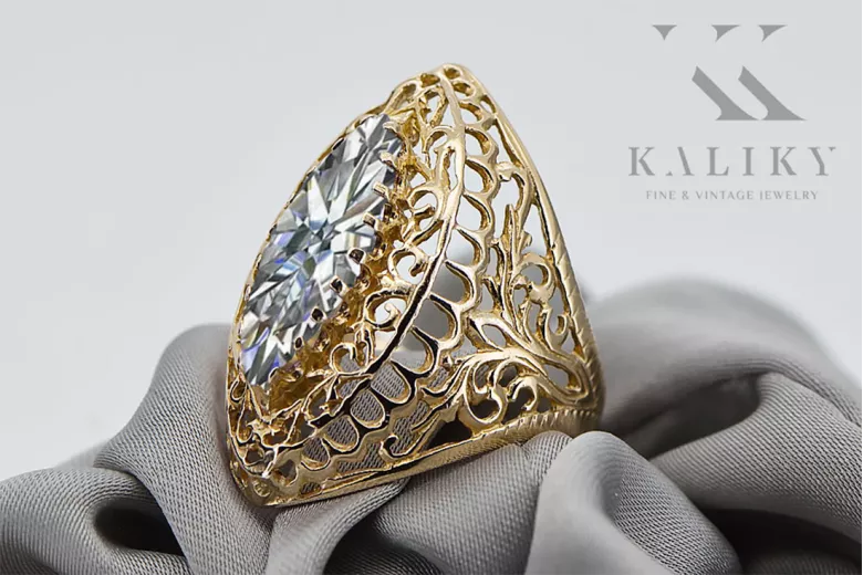 خاتم زركونيا 14 كارت من الذهب الأصفر حرف يدوية فينتاج vrc090y